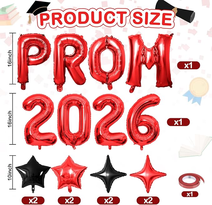 Prom 2026 Balloons Banner, 16 inch Red Letter Balloons Prom 2026 Sign Decoration with Black Red Star Balloon for Class of 2026 Congrats Grad Party Birthday Retirement Graduation Party Supplies