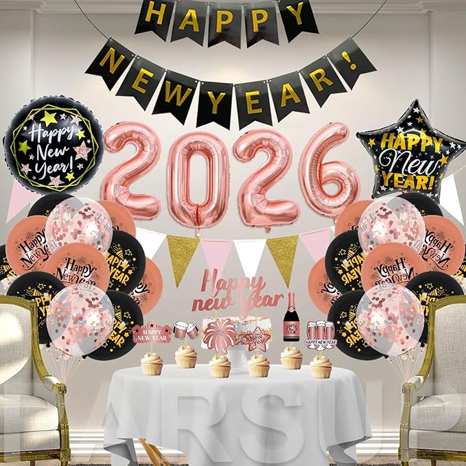 New Years Eve Party Decorations 2026, Rose Gold Happy New Year Decorations, Happy New Year Banner, 16inch 2026, 18inch Star & Round Foil Balloons, Latex Confetti Balloons