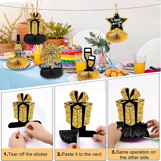 New Years Eve Party Supplies 2026, Happy New Years Decorations Gold and Black, Happy New Year 2026 Backdrop Banner Tablecloth Balloons Hanging Swirls Honeycomb, 2026 Nye Party Decorations Kit
