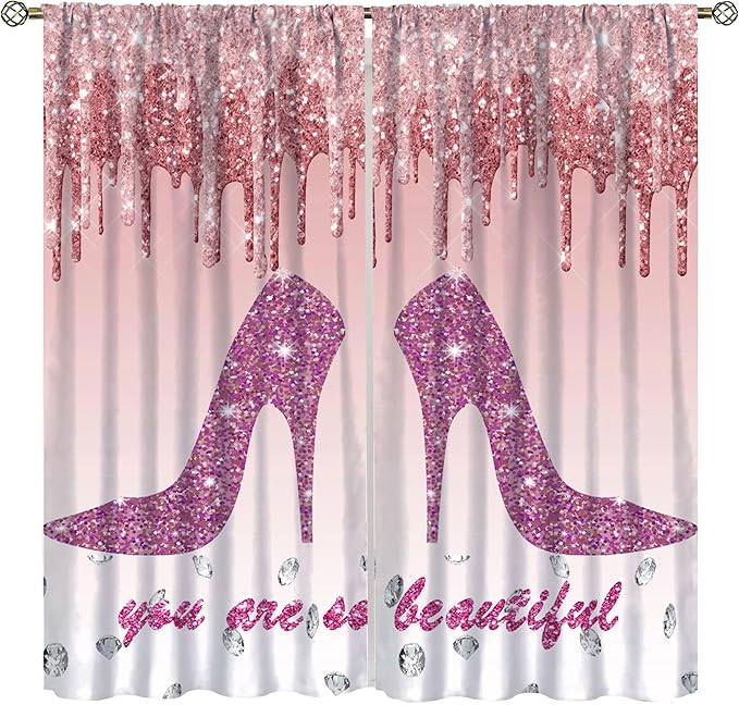 High Heels Curtain,Rose Gold Drips Women Girls Print Window Curtains Cloth Farbic for Bedroom Cafe Dining Room Office Living Room Kitchen Drapes Decor, 42x45 in