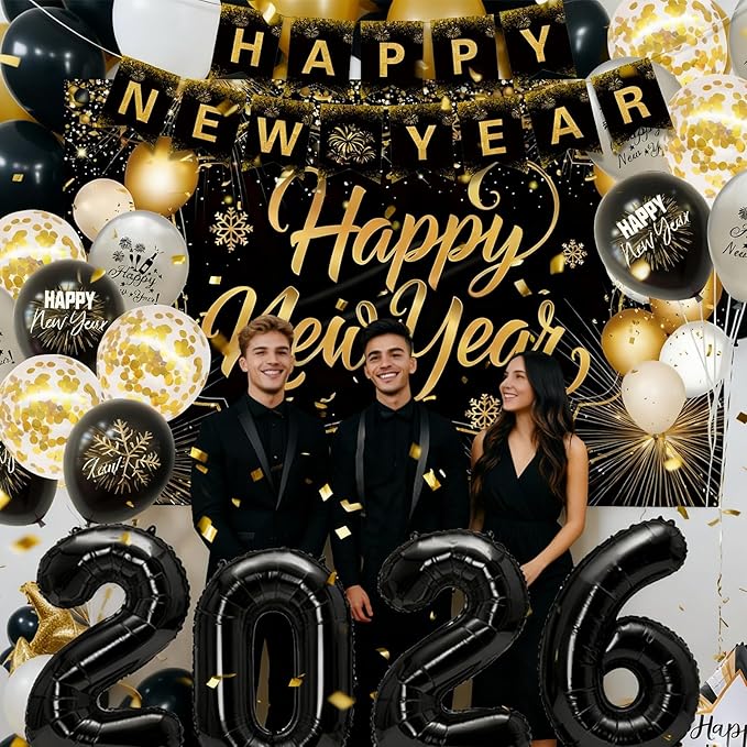 New Years Eve Party Supplies 2026 Set, Black and Gold Happy New Year Banner Decorations Backdrop 2026 Balloon Numbers New Year Foil Balloons for New Years Eve Party Supplies