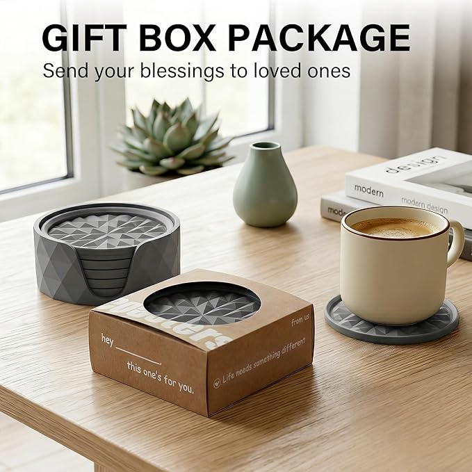 Silicone Coasters for Drinks[6 Pack]- Cup Mat with Holder for Tabletop Protection-Non-Slip, Non-Stick, Coffee Table Decor, Great Gift for Any Occasion, Dark Grey