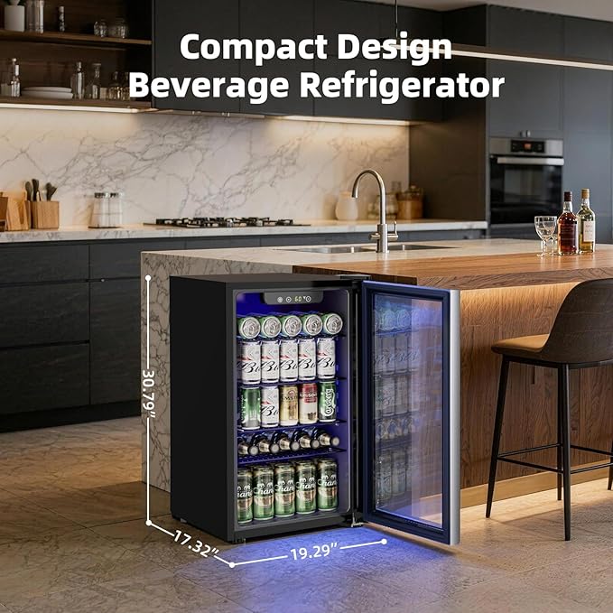 Antarctic Star Mini Fridge -130 Can Beverage Refrigerator for Soda Beer or Wine, Stainless steel door frame, for Office or Bar with Adjustable Removable Shelves, Silver, 3.1 Cu.Ft