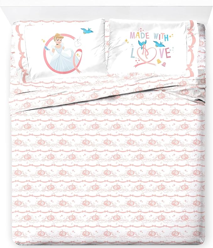 Jay Franco Kids Sheet Set with Fitted, Flat Sheets & Pillow Cover - Ultra-Soft Bedding with Pillowcase for Room Decor, White - Princess Cinderella, 4 Piece Queen