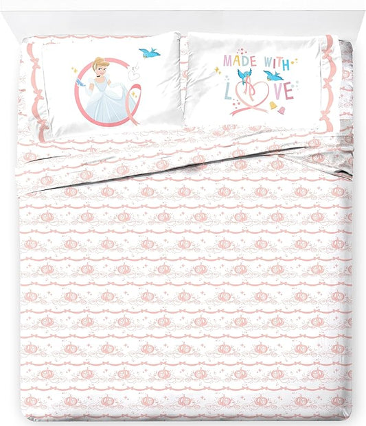 Jay Franco Kids Sheet Set with Fitted, Flat Sheets & Pillow Cover - Ultra-Soft Bedding with Pillowcase for Room Decor, White - Princess Cinderella, 4 Piece Queen
