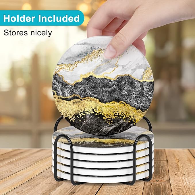 Nipichsha Coasters for Drinks, Set of 6 Cute Absorbent Ceramic Drink Coasters for Cup with Holder and Cork Base, Kitchen Home Decor Housewarming Gift, Round 4 in, White Black Gold