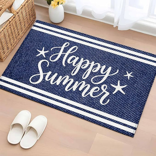 Area Rug 2x3ft, Happy Summer Quote Ocean Starfish Washable Rugs for Living Room Bedroom, Navy Blue Stripe Denim Texture Soft Non-Slip Area Rugs Rectangle Floor Carpet for Dining Room