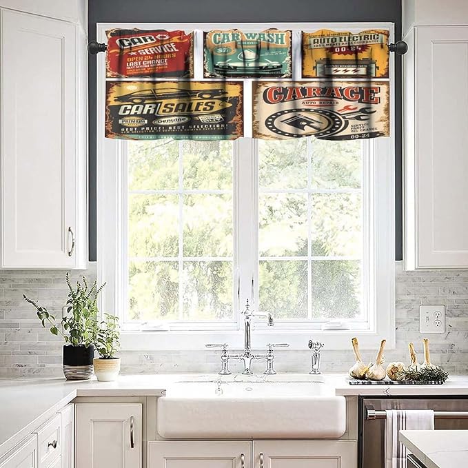 Vintage Valances Curtains Nostalgic Art Auto Service Garage Funk Style Highway Logo Repair Road Grunge Design Windows Short Curtain Valance for Kitchen Bedroom with Rod Pocket, 1 Panel 54X18 Inches