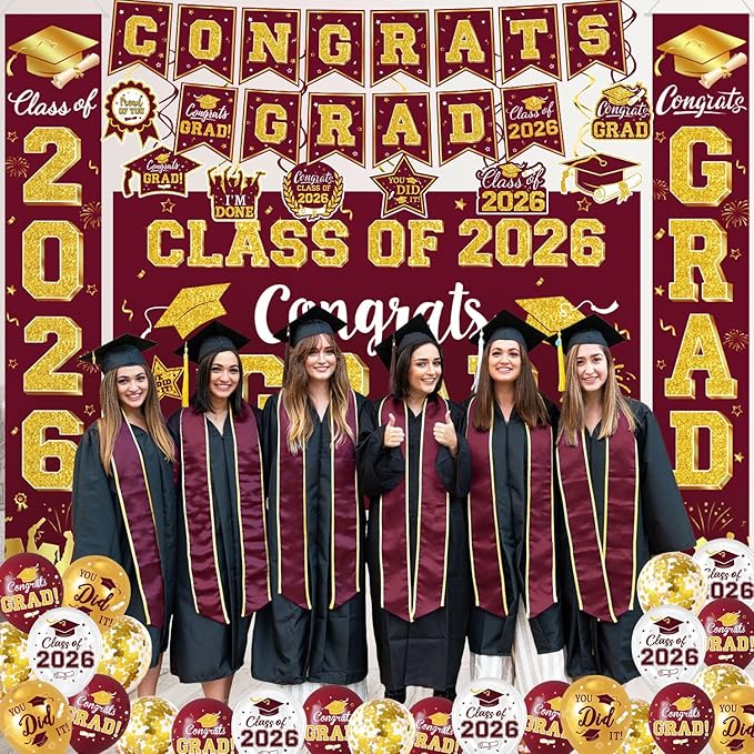 Graduation Decorations Class of 2026 - Maroon and Gold Graduation Party Supplies Include Backdrop, Banner, Hanging Swirls, Porch Sign, Balloons for Congrats Grad Decorations