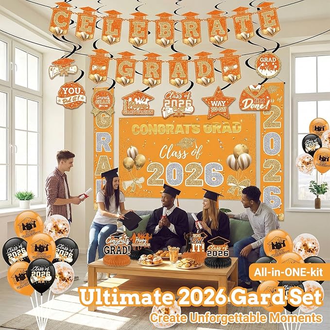 Orange 2026 Graduation Party Decor Kit-Includes Backdrop, Banner, Balloons, Hanging Ornaments & Honeycomb Decorations for Class of 2026 -Full Set for High School and University Graduation Events