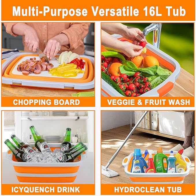 Collapsible BBQ Prep Tub16L Orange | Portable Meat Marinating Container with Locking Cutting Board Lid, BBQ Tongs, 2 Meat Shredding Claws & 2 Heat-Resistant Grill Gloves for Camping & Grilling