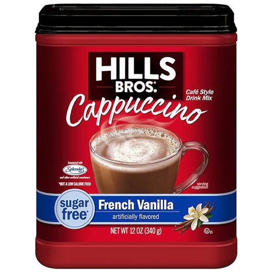 Hills Bros. Cappuccino Mix – Rich, Frothy Coffeehouse-Tasting Instant Drink Mix – Quick & Easy Preparation – Perfect for Hot & Iced Drinks & Creaming Coffee – Sugar-Free French Vanilla, 1 Pack of 12oz