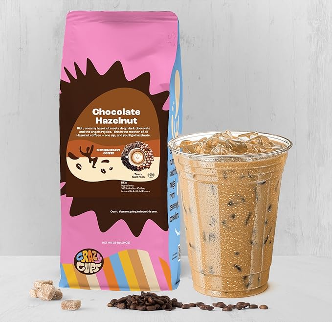 Crazy Cups Flavored Ground Coffee, Chocolate Hazelnut, Medium Roast, For Brewing Flavored Hot or Iced Coffee, 10 oz Bag