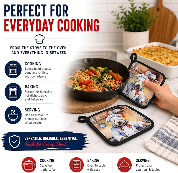 Caroline's Treasures Komondor The Chef Pair of Pot Holders Kitchen Heat Resistant Pot Holders Sets Oven Hot Pads for Cooking Baking BBQ, 7 1/2 x 7 1/2