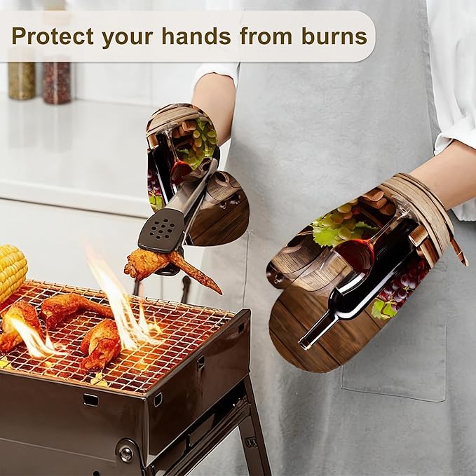 Vintage Glasses Wine Grapes Oven Mitts and Pot Holders Set of 4,Heat Resistant Non Slip Kitchen Gloves Hot Pads,Chef Cooking Baking Gifts for Women Bakers,Kitchen for Cooking Lover Cooks