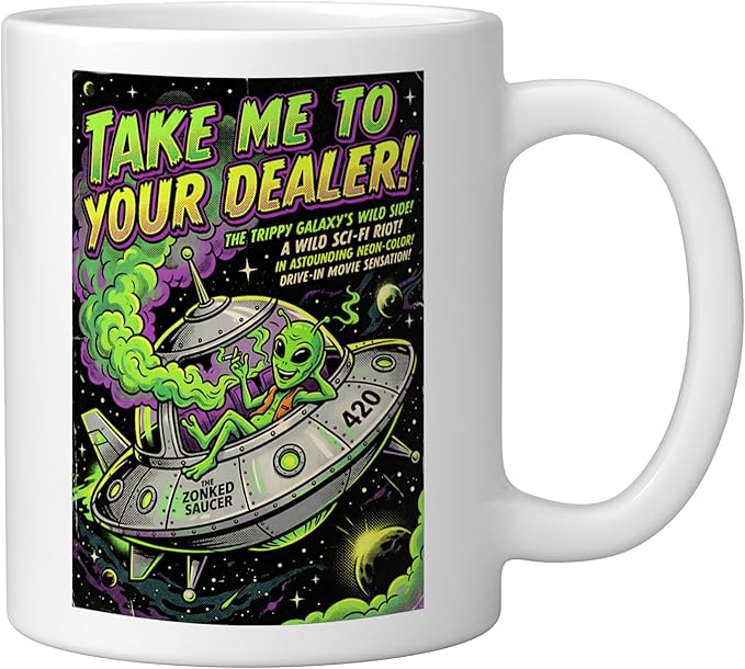Take Me to Your Cannabis Stoner 420 Alien UFO Sci-Fi Weed Ceramic Mug, White