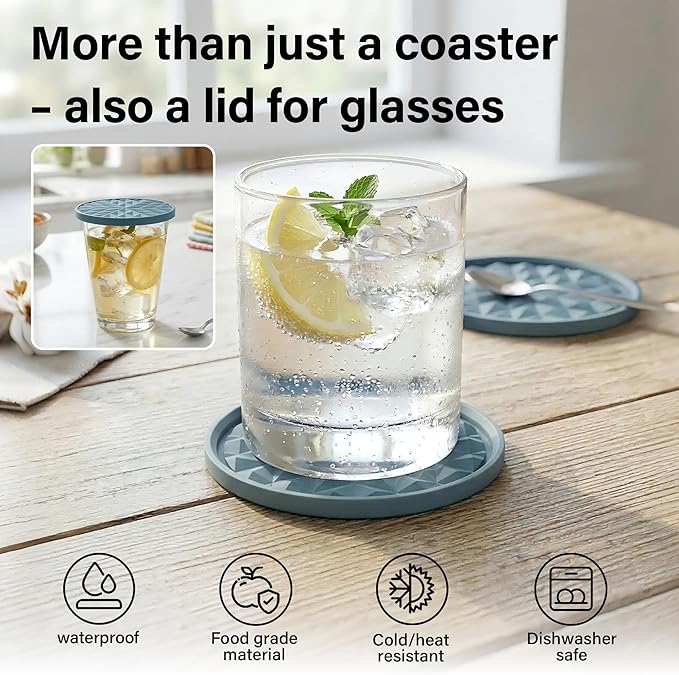 Silicone Coasters for Drinks[6 Pack]- Cup Mat with Holder for Tabletop Protection-Non-Slip, Non-Stick, Coffee Table Decor, Great Gift for Any Occasion, Light Blue
