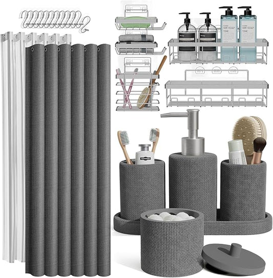 Clara Clark Bathroom Set - Grey Bathroom Accessories Set, 24PC Bathroom Accessory Set, Bathroom Sets with Shower Curtain Set, Adhesive Corner Shower Caddy Hanging & Soap Dispenser