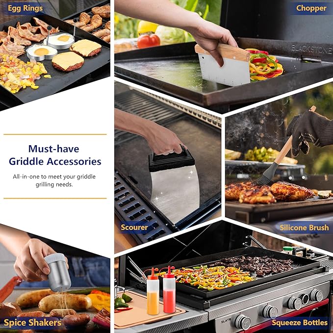 18Pcs Griddle Accessories Kit for Blackstone, Joyfair Flattop Grilling Accessory Set with Smash Burger Press, Stainless Steel Spatula Tools with Basting Cover for Outdoor BBQ Cooking (Wooden Handles)