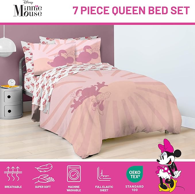 Disney Minnie Mouse Queen Size Comforter Set - 7 Piece Bedding Includes Sheet Set & Pillow Covers - Super Soft Cozy Pink Bedding