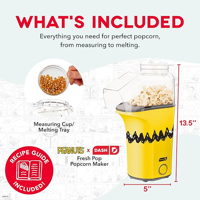 Peanuts DASH Fresh Pop Popcorn Maker - Oil-Free, Air Popcorn Popper - With Measuring Cup & Recipe Guide - Perfect for Movie Nights - 16 Cups