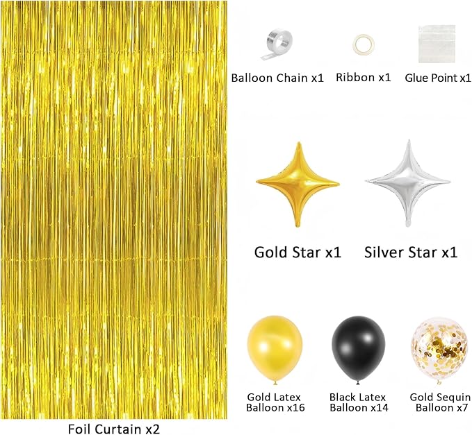 Gold Foil Fringe Curtain Party Decoration Kit, 2 Pack Metallic Backdrop with Gold & Black Balloons, Balloon Garland Accessories for Birthday, Wedding, Photo Booth, Holiday Parties