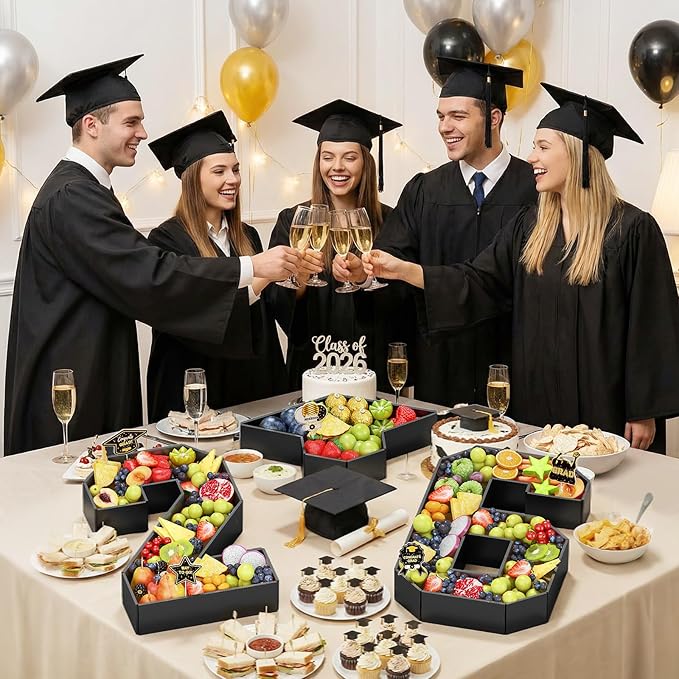 26 Fillable Number for Charcuterie with Grad Cap Shaped Cardboard Tray Black 2026 Graduation Party Decorations 13.8'' Pre-cut Board Storage Decorative Paper Mache Box College Grad Table Supplies