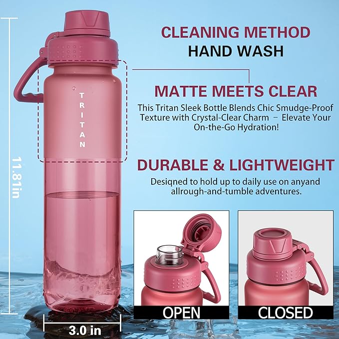 OLDLEY 32oz Frosted Clear Water Bottle, BPA-Free Tritan Plastic Reusable Water Bottle with Fast-Flow Spout Lid, Wide Mouth Leakproof Sports Drinking Bottle for Gym, School, Office, Travel,Red