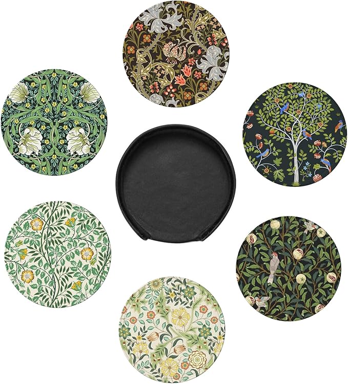 Vintage Floral Art Leather Drinks Coasters with Holder, Set of 6, Suitable for Various Cups