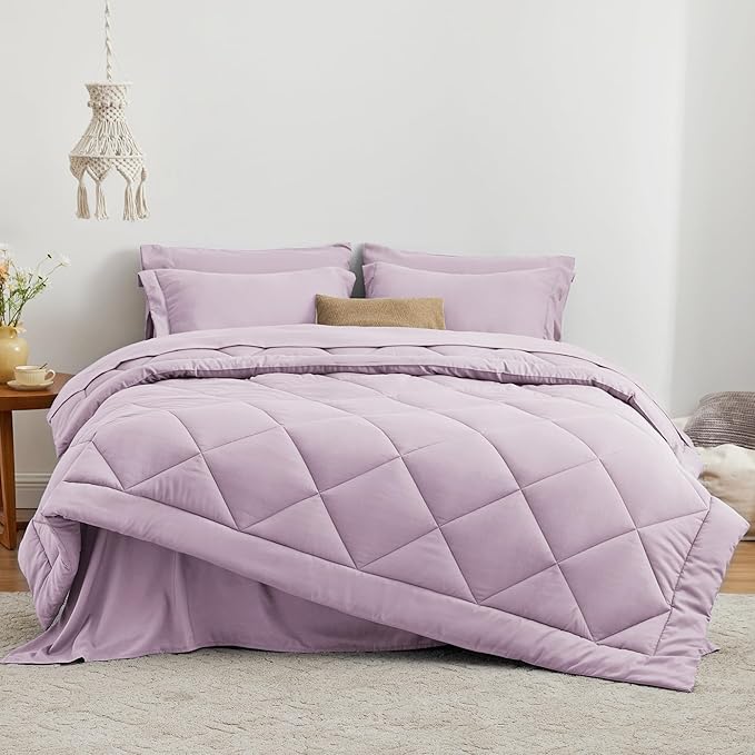Love's cabin Queen Comforter Set Light Purple, 7 Pieces Queen Bed in a Bag, All Season Bedding Sets with 1 Comforter, 1 Flat Sheet, 1 Fitted Sheet, 2 Pillowcase and 2 Pillow Sham | Soft, Breathable, Lightweight, Comfortable