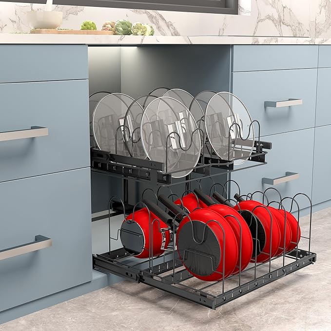 TQVAI Pots and Pans Organizer, Full-Extension Pull Out Cabinet Organizer, Slide Out Drawers for Kitchen Cabinets with Adjustable Dividers, Request at Least 23.5" W x 23.5" D x 23.5" H OpeningBlack