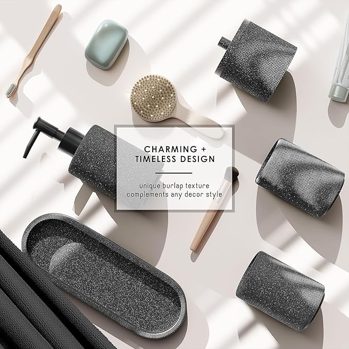 Clara Clark Coal Black Bathroom Set - Bathroom Sets with Shower Curtain and Rugs, 21PC Bathroom Accessory Set, Shower Curtain Set with Soap Dispenser & Toothbrush Holder