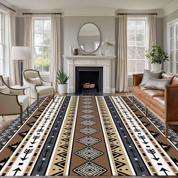 Area Rug 8x10ft, Boho Tribal Stripes Washable Rugs for Living Room Bedroom, Ethnic Borders Arrow Motifs Soft Non-Slip Area Rugs Rectangle Floor Carpet for Dining Room