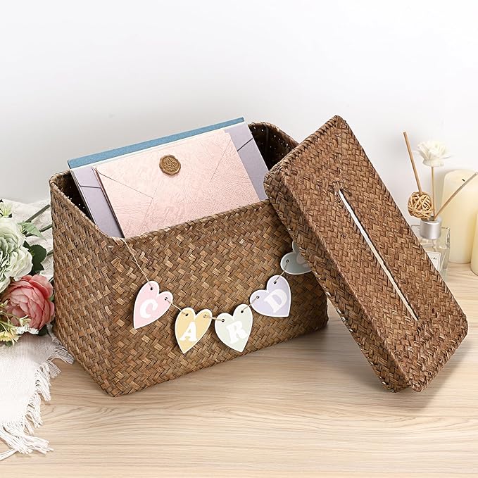 Hipiwe Wedding Card Basket Box Handwoven Wedding Favors Post Boxes with Lid Seagrass Receiving Box Wedding Card Boxes for Birthdays Graduation Ceremonies Party, Coffee Color