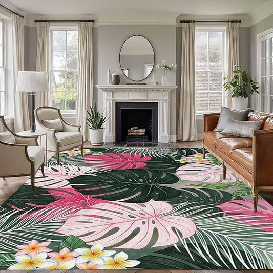 Area Rug 9x12ft, Summer Watercolor Pink Green Leaf Washable Rugs for Living Room Bedroom Rectangle Floor Carpet, Tropical Flower Leaves Plant Soft Non-Slip Area Rugs for Dining Room
