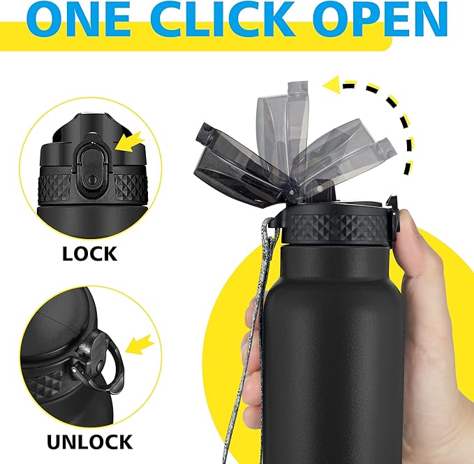 Han's Bottle Kids Water Bottle with Straw Lid - Insulated Stainless Steel Reusable Tumbler for Girls,Boys,Thermo Mug,12oz,Black