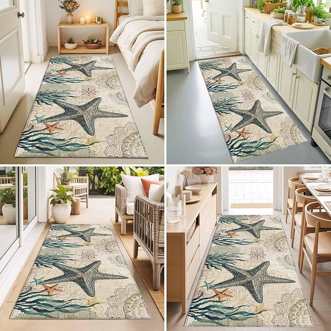 Runner Rug for Bedroom Hallway, Nautical Starfish Teal Seaweed Starfish Kitchen Runner Rugs Area Rug 2x6ft, Marine Life Washable Soft Floor Carpet for Entryway Stair