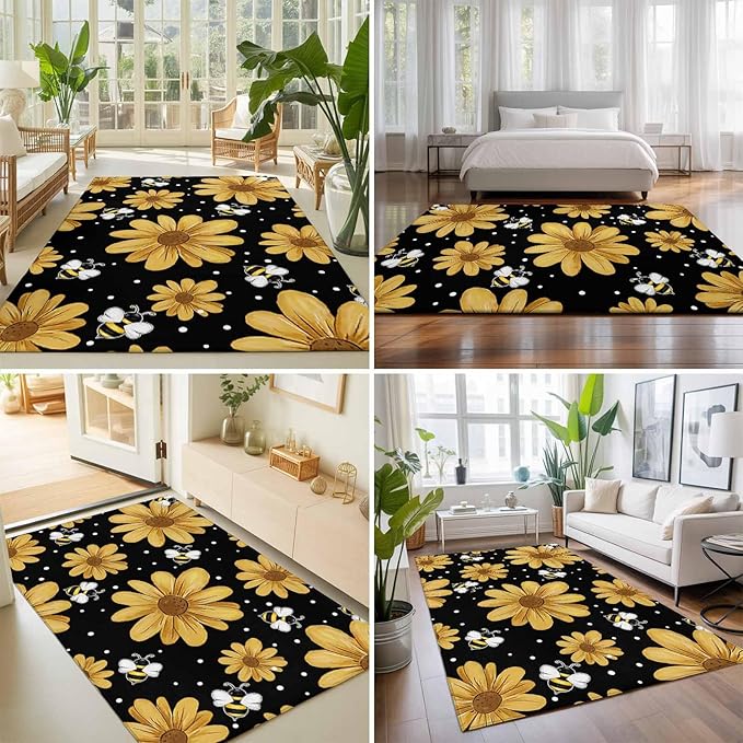 Area Rug 4x6ft, Summer Daisy Flower Bee on Black Washable Rugs for Living Room Bedroom, Spring Watercolor Floral Soft Non-Slip Area Rugs Rectangle Floor Carpet for Dining Room