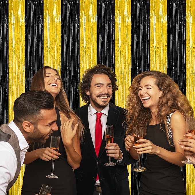 2 Pack Graduation Backdrop, 3.28 FT x 7.05 FT Black and Gold Foil Fringe Curtains, Metallic Foil Curtain Graduation Backdrop, Grad Party Supplies Black and Gold Party Decorations Class of 2026