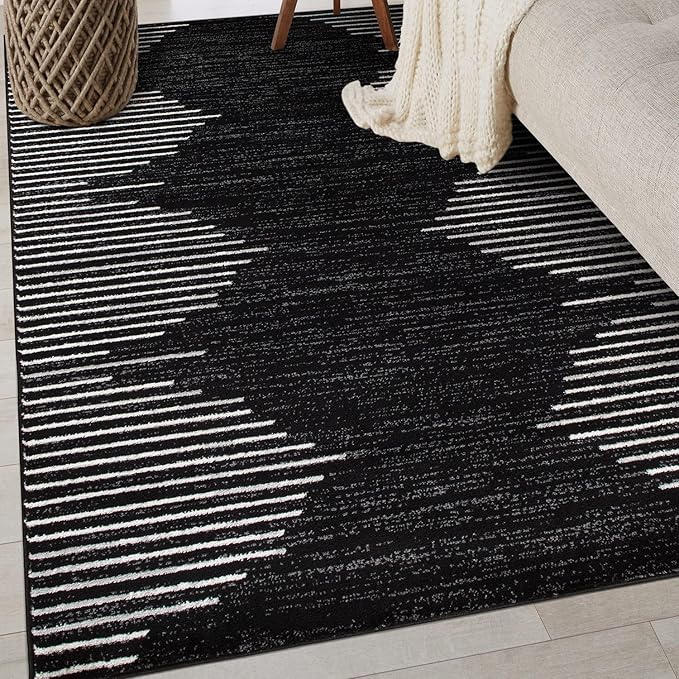 Rugshop Bohemian Stripe Stain Resistant High Traffic Living Room Kitchen Bedroom Dining Home Office Area Rug 3'3" x 5' Black