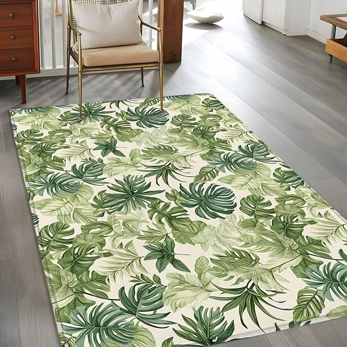 Area Rug 4x6ft, Green Palm Leaf Watercolor Washable Rugs for Living Room Bedroom, Summer Tropical Leaves Soft Non-Slip Area Rugs Rectangle Floor Carpet for Dining Room