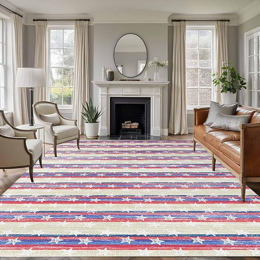 Area Rug 8x10ft, American Star Stripe Washable Rugs for Living Room Bedroom, Retro Independence Day Theme Soft Non-Slip Area Rugs Rectangle Floor Carpet for Dining Room