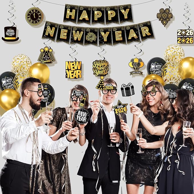 New Years Eve Party Supplies 2026, Black and Gold Happy New Year Decorations with Pre-Assembled Banner, Hanging Swirls, Balloons, Photo Booth Props and Glasses, NYE Party Decor for Home Countdown