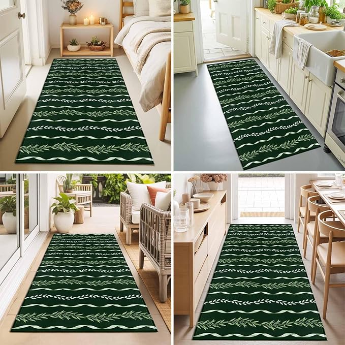 Runner Rug for Bedroom Hallway, Botanical Leaves Green Ribbons Kitchen Runner Rugs Area Rug 2x6ft, Summer Foliage Plant Washable Soft Floor Carpet for Entryway Stair