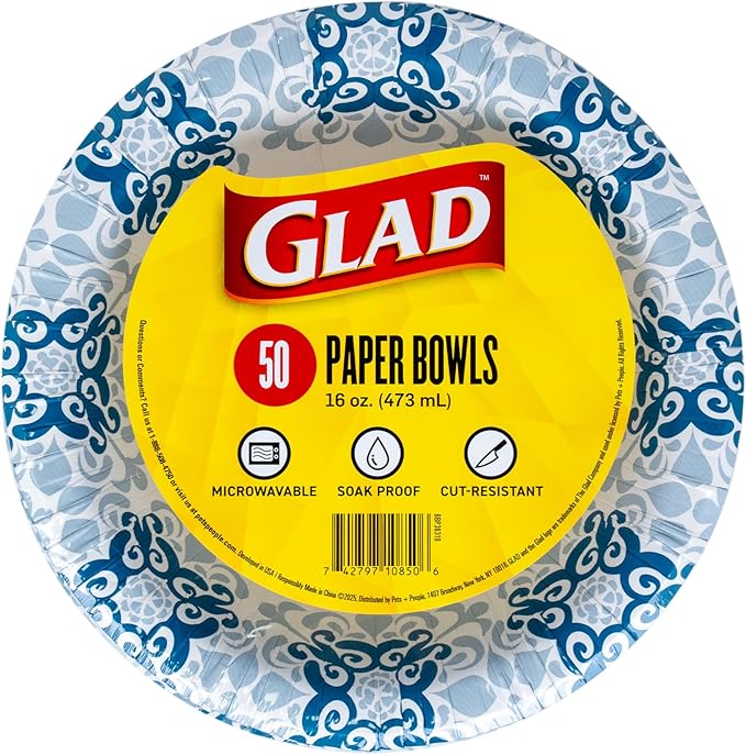 Glad Round Disposable Paper Bowls, Blue Victorian Design - Heavy Duty, Soak-Proof, Cut-Resistant, Microwavable Paper Bowls for All Foods and Daily Use, 16 oz, 50 Count