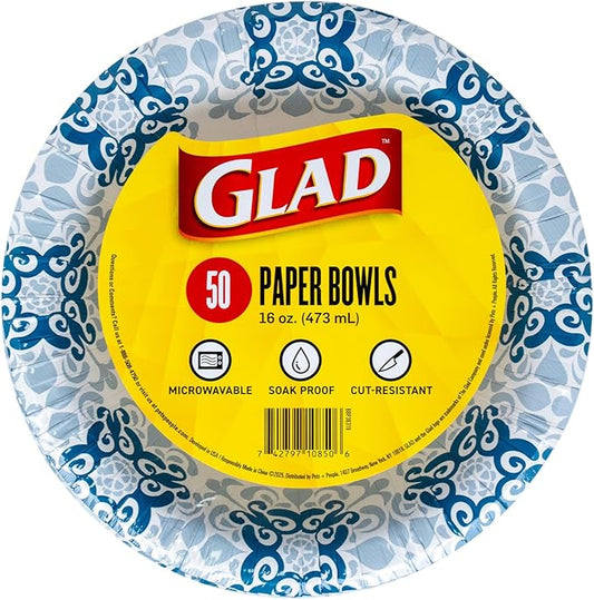 Glad Round Disposable Paper Bowls, Blue Victorian Design - Heavy Duty, Soak-Proof, Cut-Resistant, Microwavable Paper Bowls for All Foods and Daily Use, 16 oz, 50 Count