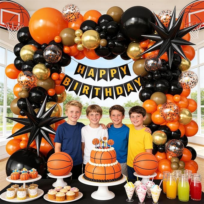 Black Orange Arch Kit Garland with Gold Brown Balloons Star Balloons for 2026 Graduation Decorations Boys Birthday Basketball Sport Event Anniversary Party Decorations