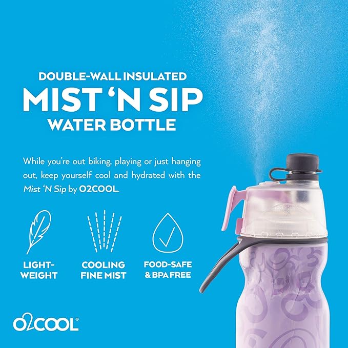 O2COOL Mist 'N Sip Misting Water Bottle 2-in-1 Mist And Sip Function With No Leak Pull Top Spout Reusable Sports Water Bottle - 20 oz (Yoga Lilac)