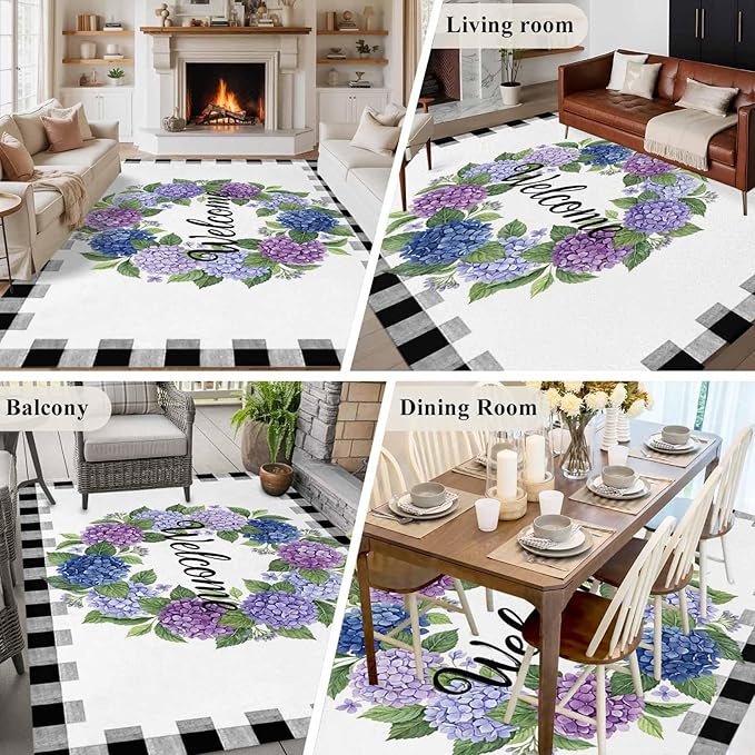 Area Rug 6x9ft, Summer Hydrangea Leaf Washable Rugs for Living Room Bedroom, Purple Blue Flower Buffalo Check Soft Non-Slip Area Rugs Rectangle Floor Carpet for Dining Room