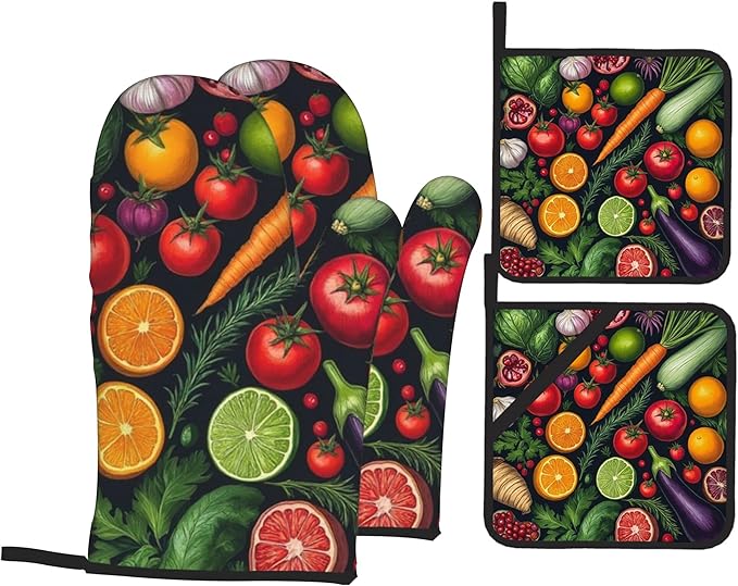 Oven Mitts and Hot Pads Set - Vegetables Design, Heat Resistant Cute Pot Holders for Kitchen, Baking Gifts for Women